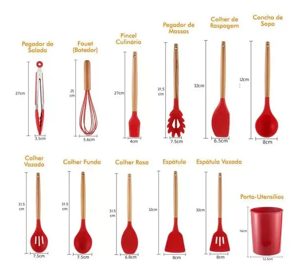 Kit 12 Peças Colher para Cozinha Silicone BPA Antiferrugem Utensílios de Cozinha Jogo de Colher